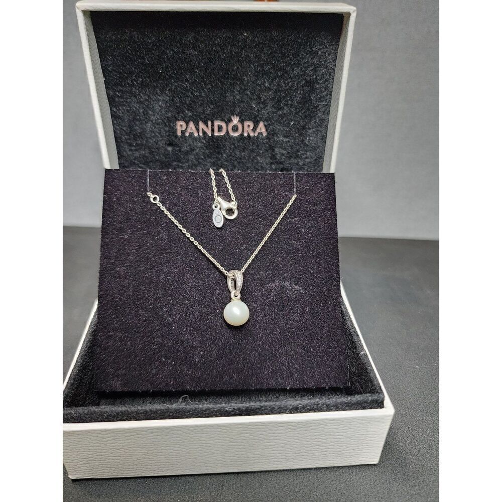 PANDORA Elegant Beauty Pendant, White Pearl & Clear CZ with necklace